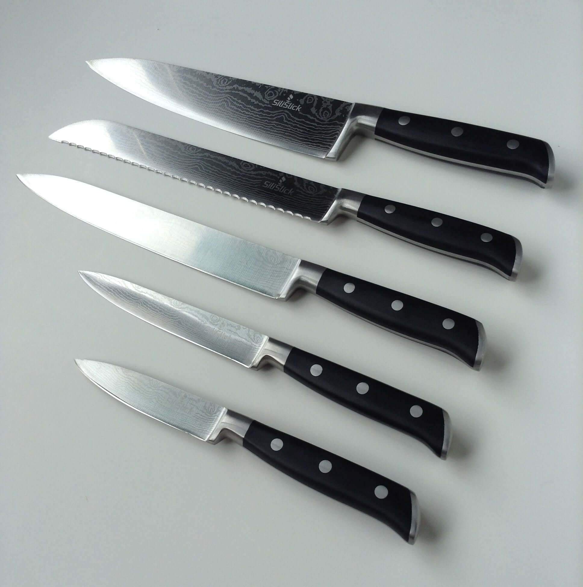 Damascus Laser Etched Full Tang 5 Piece Knife Set