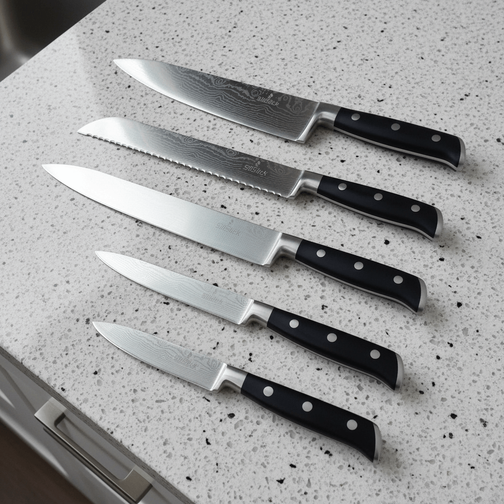 Damascus Laser Etched Full Tang 5 Piece Knife Set